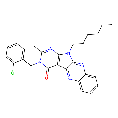 3-(2-chlorobenzyl)-11-hexyl-2-methyl-3H-pyrimido[5',4':4,5]pyrrolo[2,3-b]quinoxalin-4(11H)-one structure