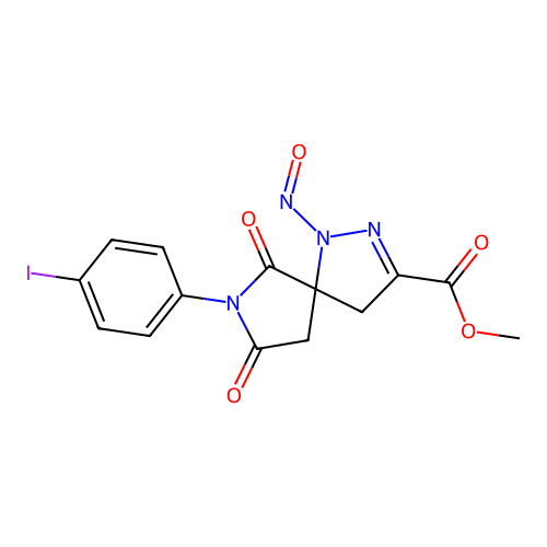 methyl 7-(4-iodophenyl)-1-nitroso-6,8-dioxo-1,2,7-triazaspiro[4.4]non-2-ene-3-carboxylate structure