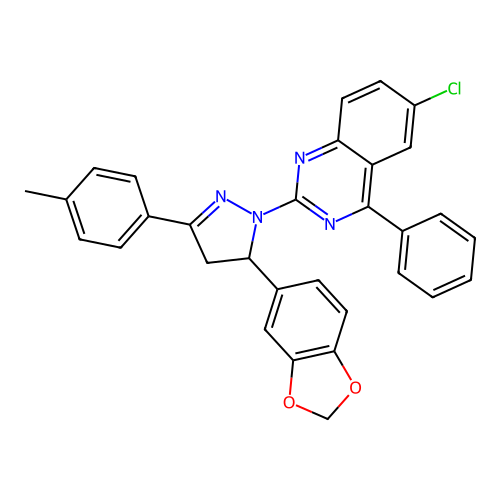 2-(5-(benzo[d][1,3]dioxol-5-yl)-3-(p-tolyl)-4,5-dihydro-1H-pyrazol-1-yl)-6-chloro-4-phenylquinazoline structure