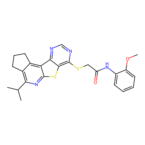 2-((4-isopropyl-2,3-dihydro-1H-cyclopenta[4',5']pyrido[3',2':4,5]thieno[3,2-d]pyrimidin-7-yl)thio)-N-(2-methoxyphenyl)acetamide structure