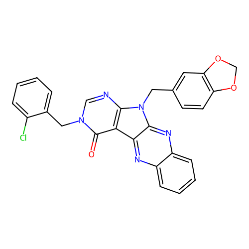 11-(1,3-benzodioxol-5-ylmethyl)-3-(2-chlorobenzyl)-3,11-dihydro-4H-pyrimido[5',4':4,5]pyrrolo[2,3-b]quinoxalin-4-one structure