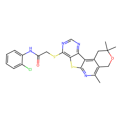 N-(2-chlorophenyl)-2-[(2,2,5-trimethyl-1,4-dihydro-2H-pyrano[4'',3'':4',5']pyrido[3',2':4,5]thieno[3,2-d]pyrimidin-8-yl)sulfanyl]acetamide structure