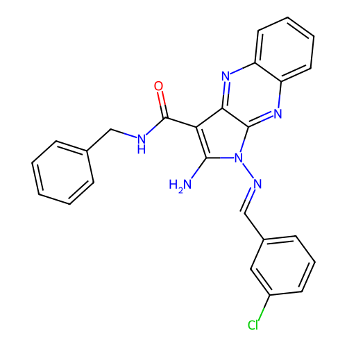 (E)-2-amino-N-benzyl-1-((3-chlorobenzylidene)amino)-1H-pyrrolo[2,3-b]quinoxaline-3-carboxamide structure