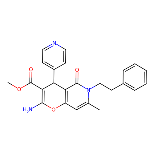 methyl 2-amino-7-methyl-5-oxo-6-phenethyl-4-(pyridin-4-yl)-5,6-dihydro-4H-pyrano[3,2-c]pyridine-3-carboxylate structure