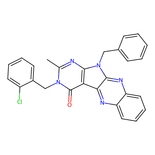 11-benzyl-3-(2-chlorobenzyl)-2-methyl-3H-pyrimido[5',4':4,5]pyrrolo[2,3-b]quinoxalin-4(11H)-one structure