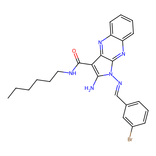 (E)-2-amino-1-((3-bromobenzylidene)amino)-N-hexyl-1H-pyrrolo[2,3-b]quinoxaline-3-carboxamide structure