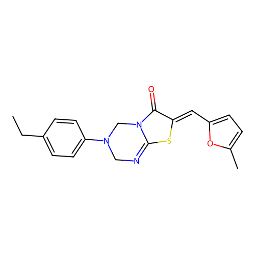 (Z)-3-(4-ethylphenyl)-7-((5-methylfuran-2-yl)methylene)-3,4-dihydro-2H-thiazolo[3,2-a][1,3,5]triazin-6(7H)-one structure