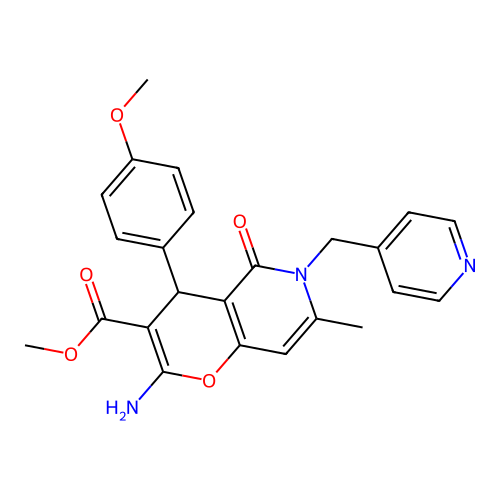 methyl 2-amino-4-(4-methoxyphenyl)-7-methyl-5-oxo-6-(pyridin-4-ylmethyl)-5,6-dihydro-4H-pyrano[3,2-c]pyridine-3-carboxylate structure