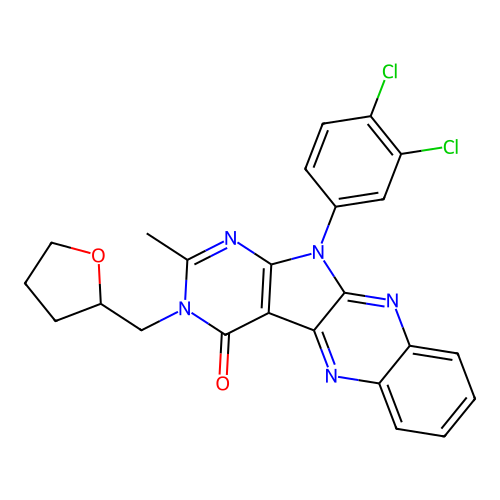 11-(3,4-dichlorophenyl)-2-methyl-3-((tetrahydrofuran-2-yl)methyl)-3H-pyrimido[5',4':4,5]pyrrolo[2,3-b]quinoxalin-4(11H)-one structure