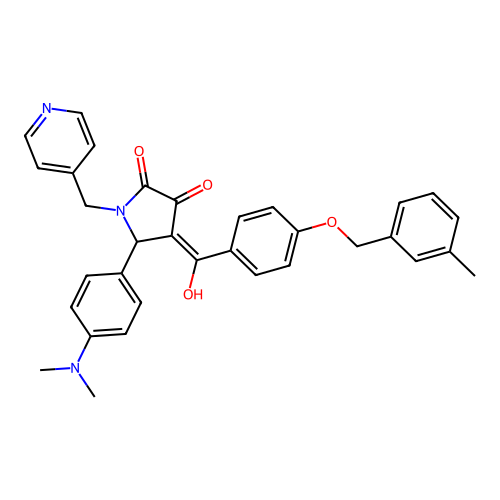 (4E)-5-(4-dimethylaminophenyl)-4-[hydroxy-[4-[(3-methylphenyl)methoxy]phenyl]methylidene]-1-(pyridin-4-ylmethyl)pyrrolidine-2,3-dione structure