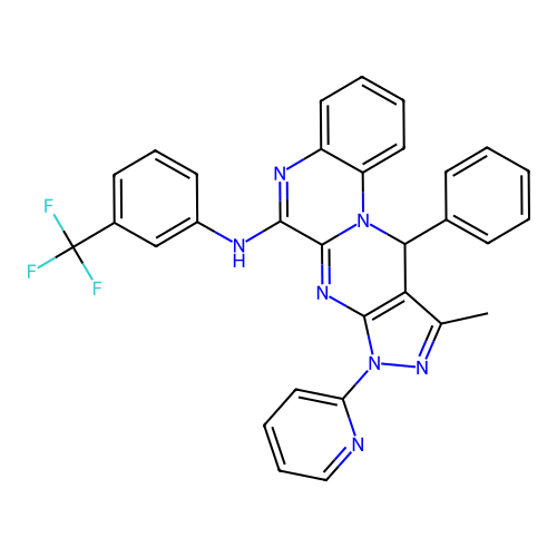10-methyl-11-phenyl-8-(pyridin-2-yl)-N-(3-(trifluoromethyl)phenyl)-8,11-dihydropyrazolo[3',4':4,5]pyrimido[1,2-a]quinoxalin-6-amine structure