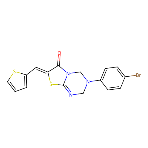 (7Z)-3-(4-bromophenyl)-7-(thiophen-2-ylmethylidene)-2,4-dihydro-[1,3]thiazolo[3,2-a][1,3,5]triazin-6-one structure