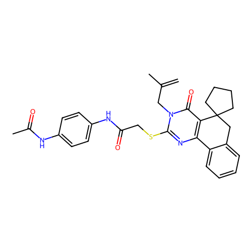 N-(4-acetamidophenyl)-2-((3-(2-methylallyl)-4-oxo-4,6-dihydro-3H-spiro[benzo[h]quinazoline-5,1'-cyclopentan]-2-yl)thio)acetamide structure