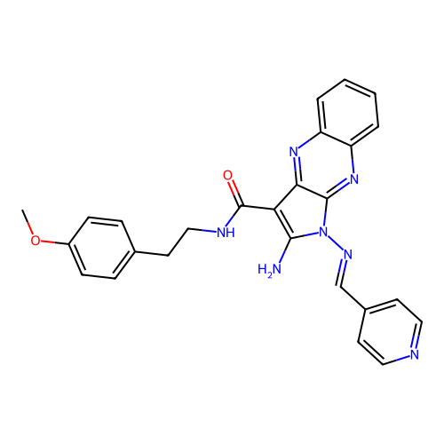 (E)-2-amino-N-(4-methoxyphenethyl)-1-((pyridin-4-ylmethylene)amino)-1H-pyrrolo[2,3-b]quinoxaline-3-carboxamide structure