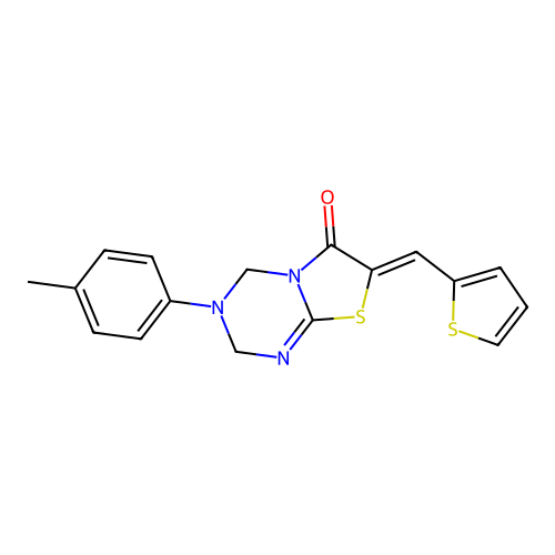 (7Z)-3-(4-methylphenyl)-7-(thiophen-2-ylmethylidene)-2,4-dihydro-[1,3]thiazolo[3,2-a][1,3,5]triazin-6-one structure