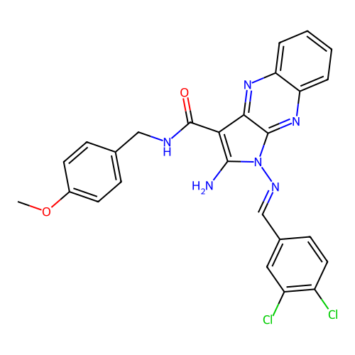 (E)-2-amino-1-((3,4-dichlorobenzylidene)amino)-N-(4-methoxybenzyl)-1H-pyrrolo[2,3-b]quinoxaline-3-carboxamide structure