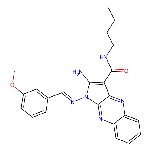 (E)-2-amino-N-butyl-1-((3-methoxybenzylidene)amino)-1H-pyrrolo[2,3-b]quinoxaline-3-carboxamide structure