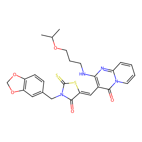 3-{(Z)-[3-(1,3-benzodioxol-5-ylmethyl)-4-oxo-2-thioxo-1,3-thiazolidin-5-ylidene]methyl}-2-{[3-(propan-2-yloxy)propyl]amino}-4H-pyrido[1,2-a]pyrimidin-4-one structure