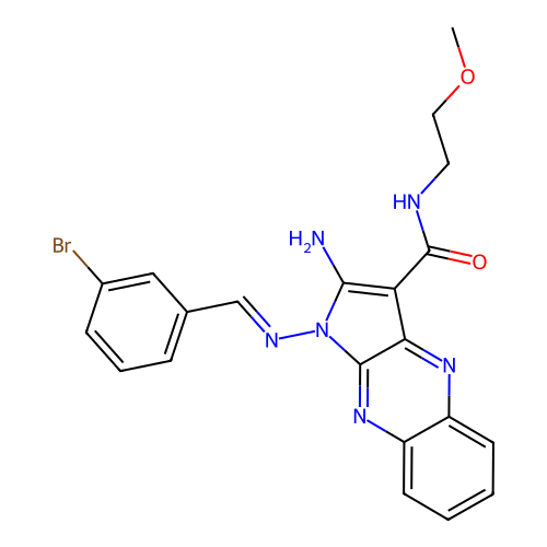 (E)-2-amino-1-((3-bromobenzylidene)amino)-N-(2-methoxyethyl)-1H-pyrrolo[2,3-b]quinoxaline-3-carboxamide structure