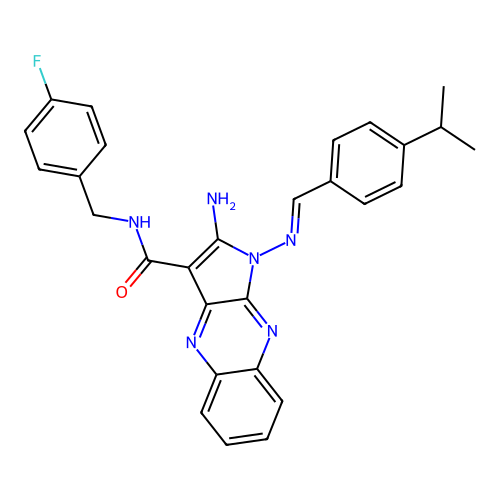 (E)-2-amino-N-(4-fluorobenzyl)-1-((4-isopropylbenzylidene)amino)-1H-pyrrolo[2,3-b]quinoxaline-3-carboxamide structure