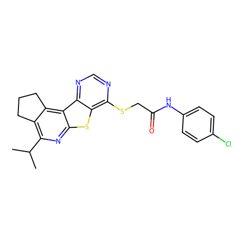 N-(4-chlorophenyl)-2-((4-isopropyl-2,3-dihydro-1H-cyclopenta[4',5']pyrido[3',2':4,5]thieno[3,2-d]pyrimidin-7-yl)thio)acetamide structure