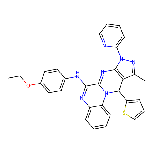 N-(4-ethoxyphenyl)-10-methyl-8-(pyridin-2-yl)-11-(thiophen-2-yl)-8,11-dihydropyrazolo[3',4':4,5]pyrimido[1,2-a]quinoxalin-6-amine structure