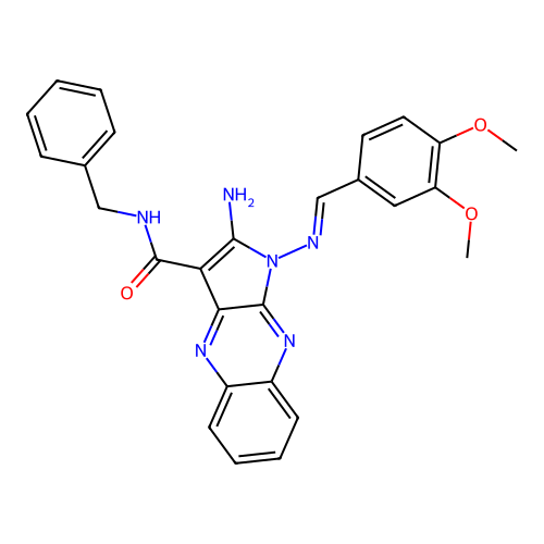 (E)-2-amino-N-benzyl-1-((3,4-dimethoxybenzylidene)amino)-1H-pyrrolo[2,3-b]quinoxaline-3-carboxamide structure