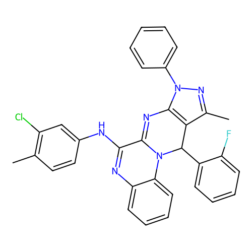 N-(3-chloro-4-methylphenyl)-11-(2-fluorophenyl)-10-methyl-8-phenyl-8,11-dihydropyrazolo[3',4':4,5]pyrimido[1,2-a]quinoxalin-6-amine structure