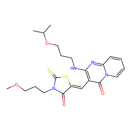 (5Z)-3-(3-methoxypropyl)-5-[[4-oxo-2-(3-propan-2-yloxypropylamino)pyrido[1,2-a]pyrimidin-3-yl]methylidene]-2-sulfanylidene-1,3-thiazolidin-4-one structure
