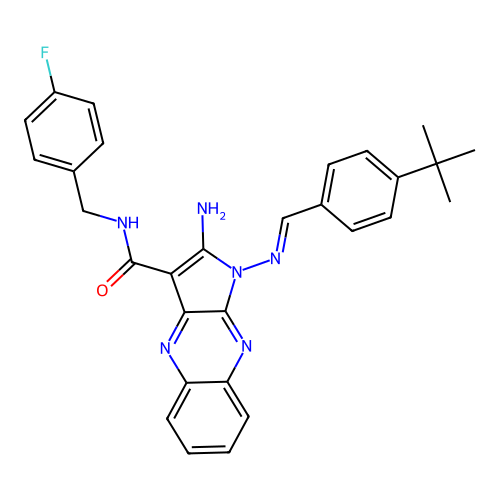 (E)-2-amino-1-((4-(tert-butyl)benzylidene)amino)-N-(4-fluorobenzyl)-1H-pyrrolo[2,3-b]quinoxaline-3-carboxamide structure