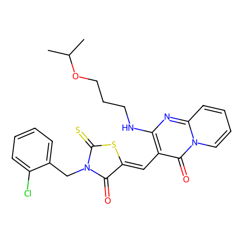 3-{(Z)-[3-(2-chlorobenzyl)-4-oxo-2-thioxo-1,3-thiazolidin-5-ylidene]methyl}-2-{[3-(propan-2-yloxy)propyl]amino}-4H-pyrido[1,2-a]pyrimidin-4-one structure