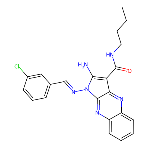 (E)-2-amino-N-butyl-1-((3-chlorobenzylidene)amino)-1H-pyrrolo[2,3-b]quinoxaline-3-carboxamide structure