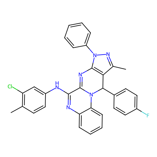 N-(3-chloro-4-methylphenyl)-11-(4-fluorophenyl)-10-methyl-8-phenyl-8,11-dihydropyrazolo[3',4':4,5]pyrimido[1,2-a]quinoxalin-6-amine structure