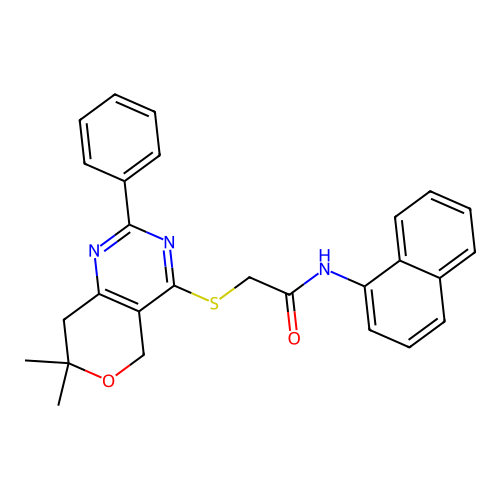 2-((7,7-dimethyl-2-phenyl-7,8-dihydro-5H-pyrano[4,3-d]pyrimidin-4-yl)thio)-N-(naphthalen-1-yl)acetamide structure