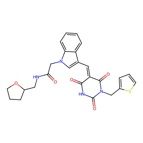 (E)-N-((tetrahydrofuran-2-yl)methyl)-2-(3-((2,4,6-trioxo-1-(thiophen-2-ylmethyl)tetrahydropyrimidin-5(2H)-ylidene)methyl)-1H-indol-1-yl)acetamide structure