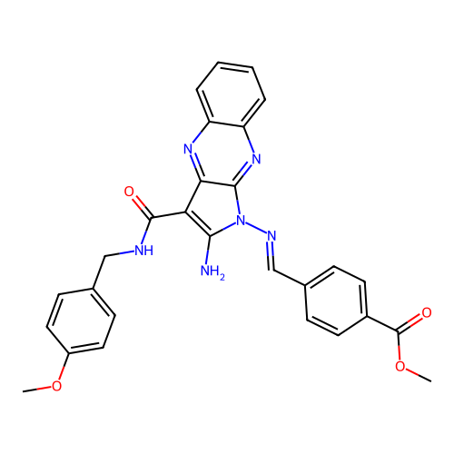 (E)-methyl 4-(((2-amino-3-((4-methoxybenzyl)carbamoyl)-1H-pyrrolo[2,3-b]quinoxalin-1-yl)imino)methyl)benzoate structure
