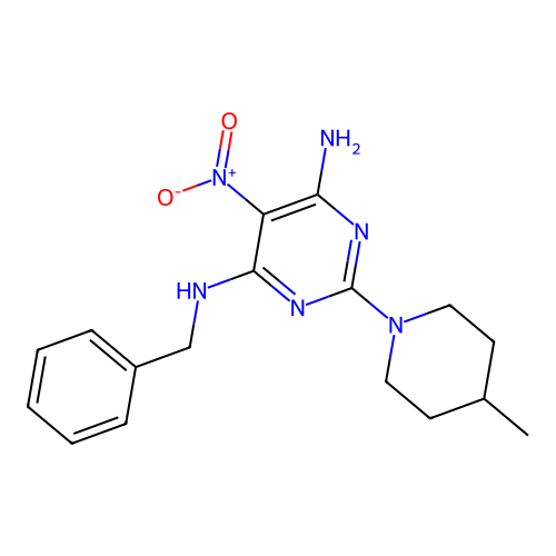 [6-Amino-2-(4-methylpiperidyl)-5-nitropyrimidin-4-yl]benzylamine structure