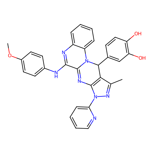 4-(6-((4-methoxyphenyl)amino)-10-methyl-8-(pyridin-2-yl)-8,11-dihydropyrazolo[3',4':4,5]pyrimido[1,2-a]quinoxalin-11-yl)benzene-1,2-diol structure