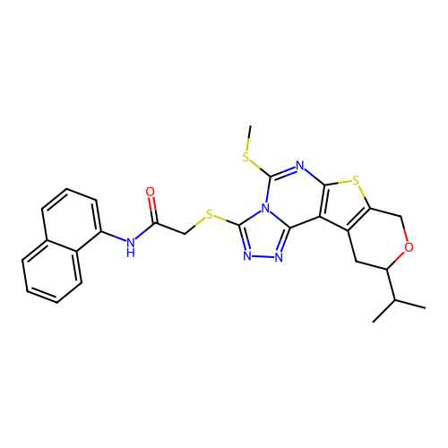 2-((10-isopropyl-5-(methylthio)-10,11-dihydro-8H-pyrano[4',3':4,5]thieno[3,2-e][1,2,4]triazolo[4,3-c]pyrimidin-3-yl)thio)-N-(naphthalen-1-yl)acetamide structure