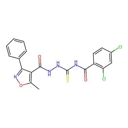 2,4-dichloro-N-(2-(5-methyl-3-phenylisoxazole-4-carbonyl)hydrazinecarbonothioyl)benzamide structure