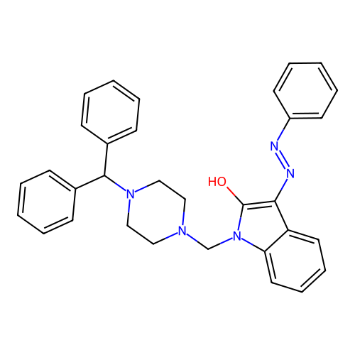 1-[(4-benzhydrylpiperazin-1-yl)methyl]-3-(phenylhydrazinylidene)indol-2-one structure