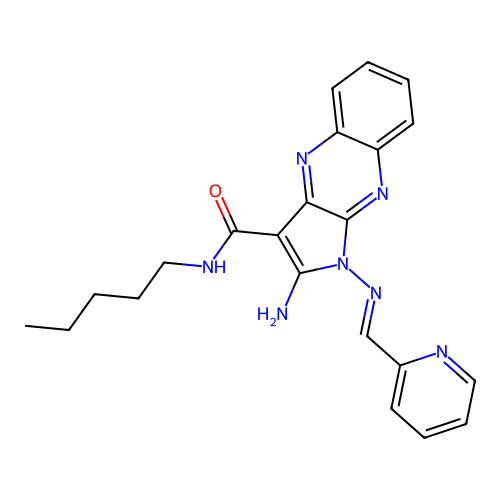 (E)-2-amino-N-pentyl-1-((pyridin-2-ylmethylene)amino)-1H-pyrrolo[2,3-b]quinoxaline-3-carboxamide structure