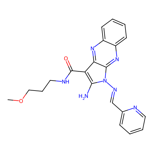 (E)-2-amino-N-(3-methoxypropyl)-1-((pyridin-2-ylmethylene)amino)-1H-pyrrolo[2,3-b]quinoxaline-3-carboxamide structure