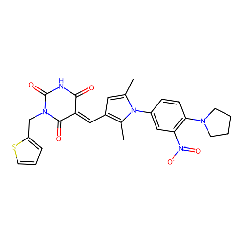 (E)-5-((2,5-dimethyl-1-(3-nitro-4-(pyrrolidin-1-yl)phenyl)-1H-pyrrol-3-yl)methylene)-1-(thiophen-2-ylmethyl)pyrimidine-2,4,6(1H,3H,5H)-trione structure