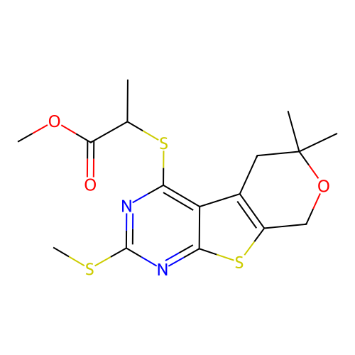 methyl 2-((6,6-dimethyl-2-(methylthio)-6,8-dihydro-5H-pyrano[4',3':4,5]thieno[2,3-d]pyrimidin-4-yl)thio)propanoate structure