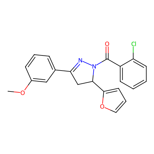 (2-chlorophenyl)(5-(furan-2-yl)-3-(3-methoxyphenyl)-4,5-dihydro-1H-pyrazol-1-yl)methanone structure