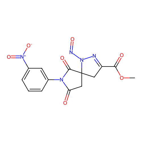 methyl 7-(3-nitrophenyl)-1-nitroso-6,8-dioxo-1,2,7-triazaspiro[4.4]non-2-ene-3-carboxylate structure