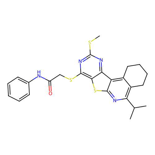 2-((5-isopropyl-10-(methylthio)-1,2,3,4-tetrahydropyrimido[4',5':4,5]thieno[2,3-c]isoquinolin-8-yl)thio)-N-phenylacetamide structure