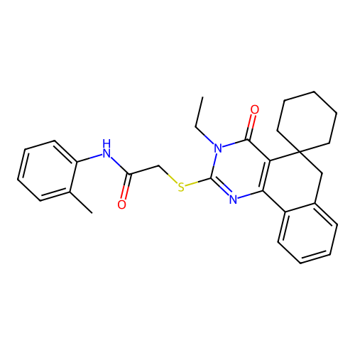 2-((3-ethyl-4-oxo-4,6-dihydro-3H-spiro[benzo[h]quinazoline-5,1'-cyclohexan]-2-yl)thio)-N-(o-tolyl)acetamide structure
