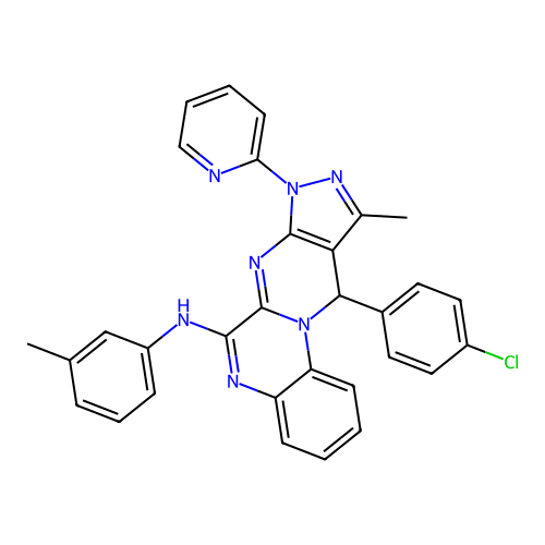 11-(4-chlorophenyl)-10-methyl-8-(pyridin-2-yl)-N-(m-tolyl)-8,11-dihydropyrazolo[3',4':4,5]pyrimido[1,2-a]quinoxalin-6-amine structure